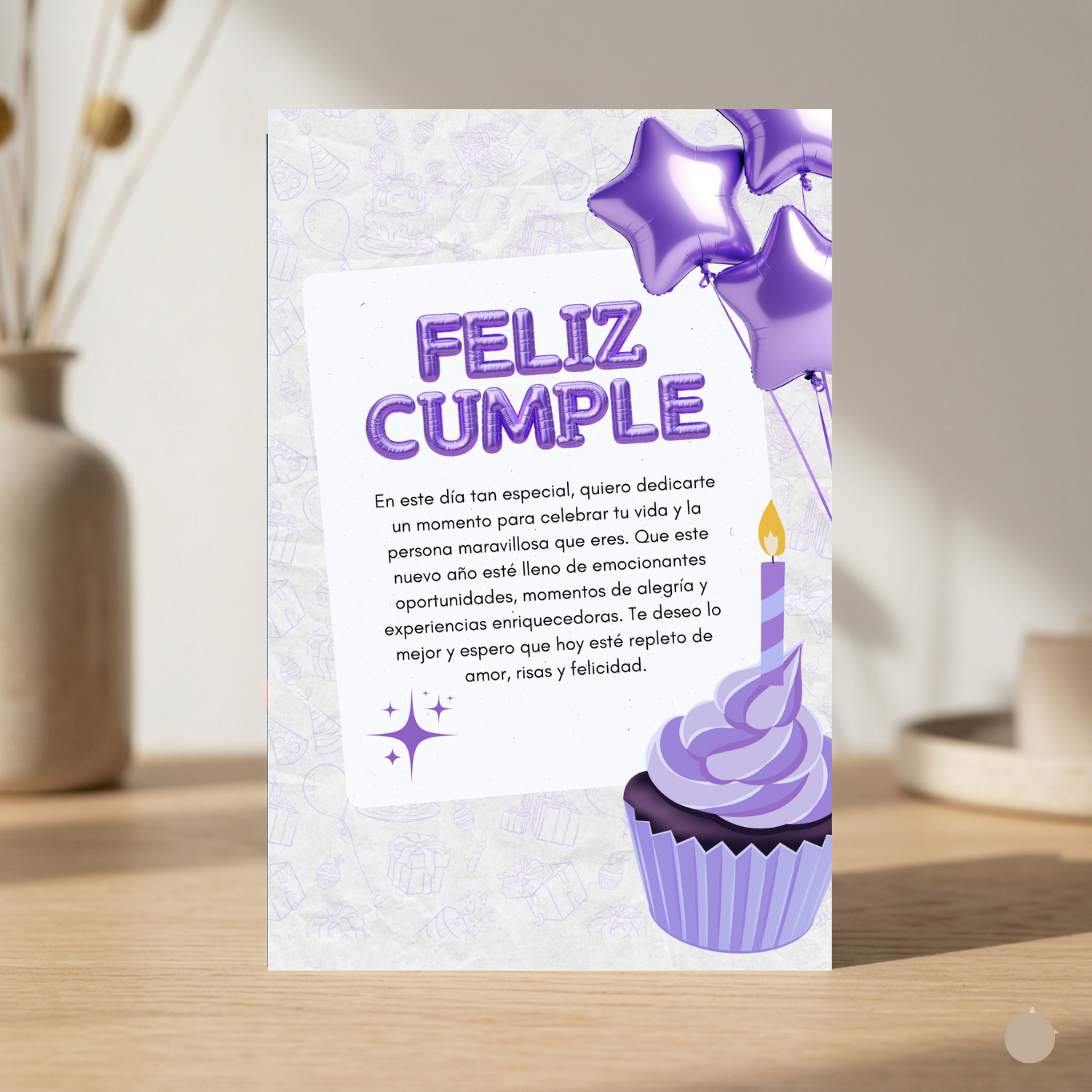 $1 / Tarjeta Musical Imprimible de Cumpleaños Universal + Sorpresa Interactiva QR (Edición Sweet Purple Cupcake & Metallic Stars)