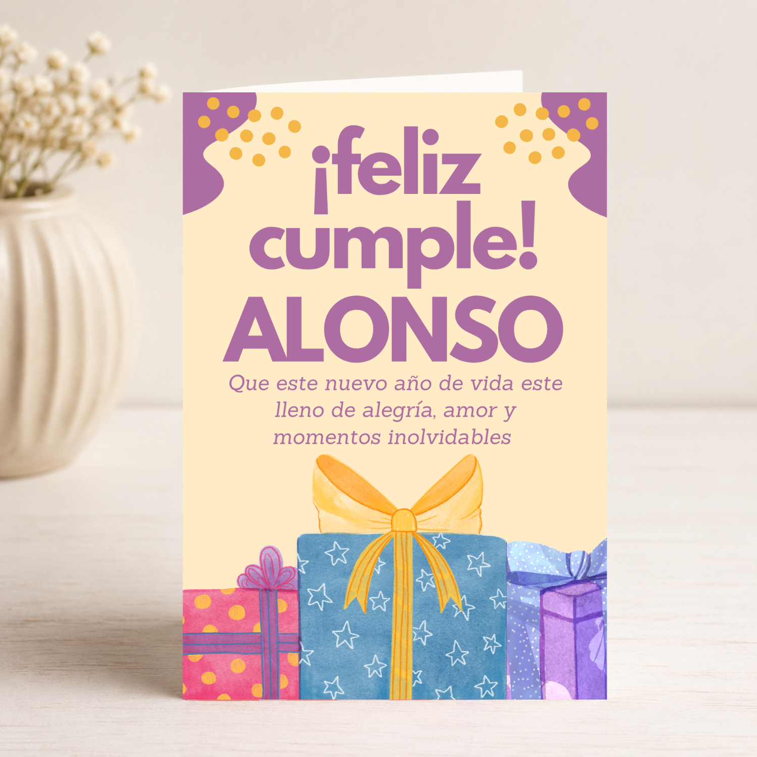 Tarjeta Musical Imprimible de Cumpleaños "Alonso" + Sorpresa Interactiva QR (Edición Rustic Wood & Gold)