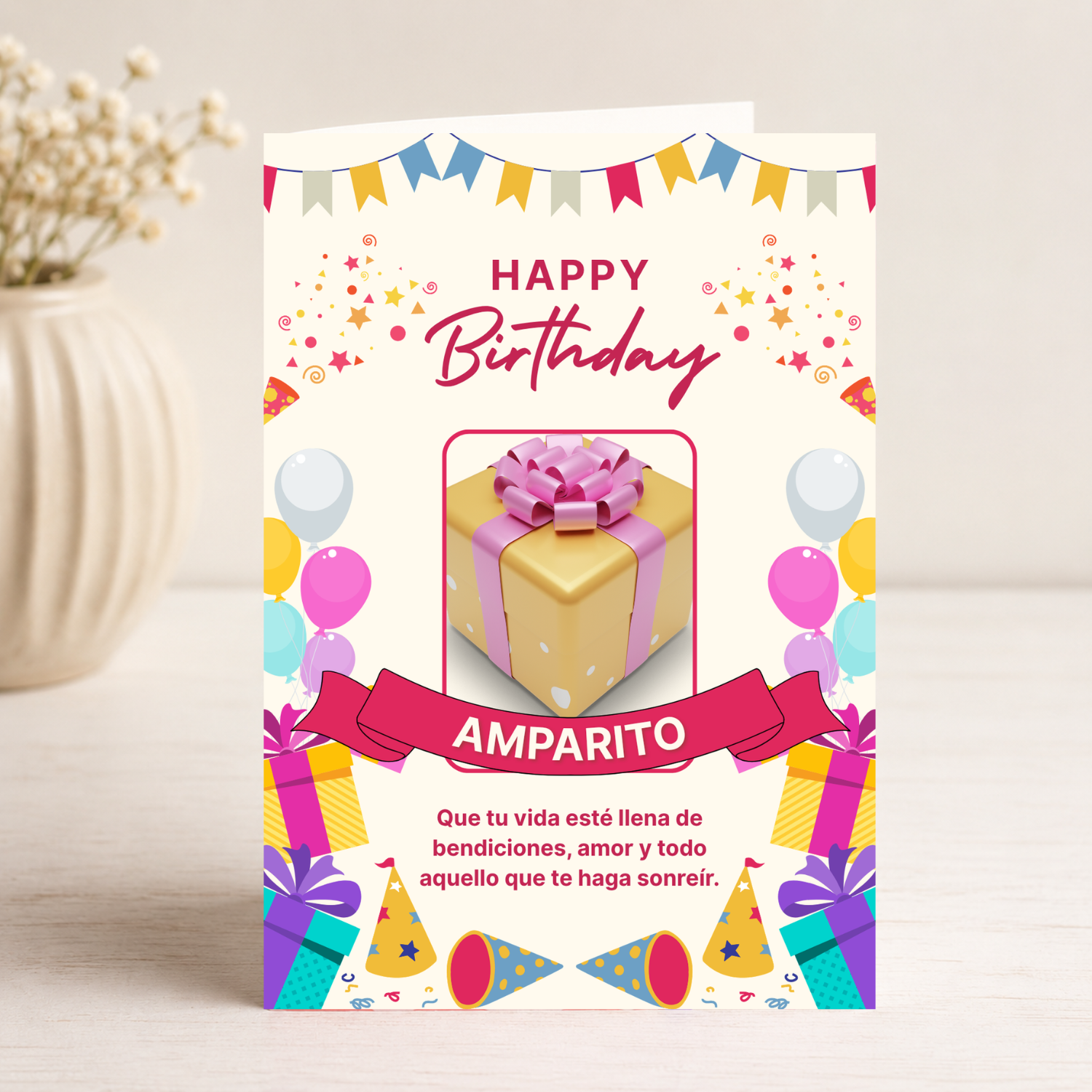 Tarjeta Musical Imprimible de Cumpleaños "Amparito" + Sorpresa Interactiva QR (Edición Golden Gift & Party Banners)
