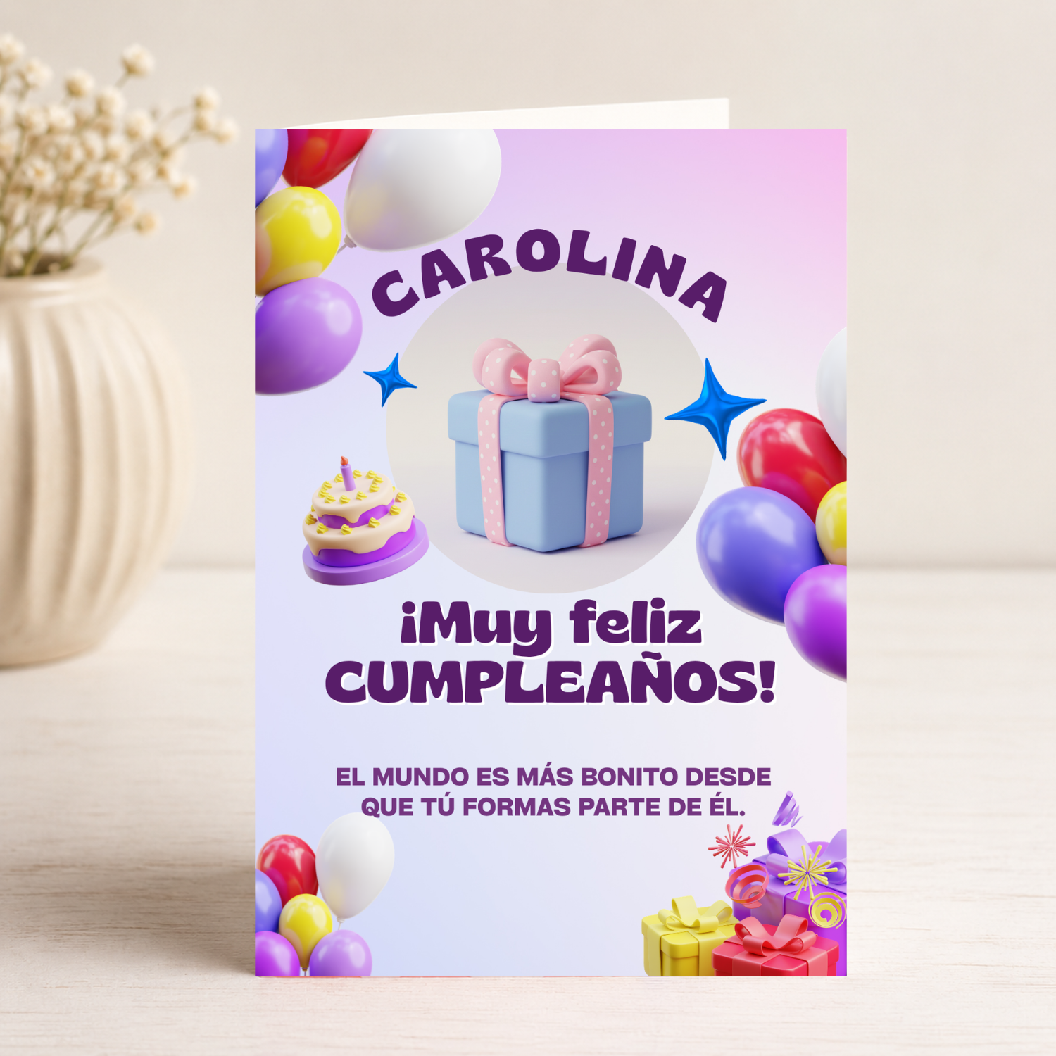 Tarjeta Musical Imprimible de Cumpleaños "Carolina" + Sorpresa Interactiva QR (Edición Party Balloons 3D)