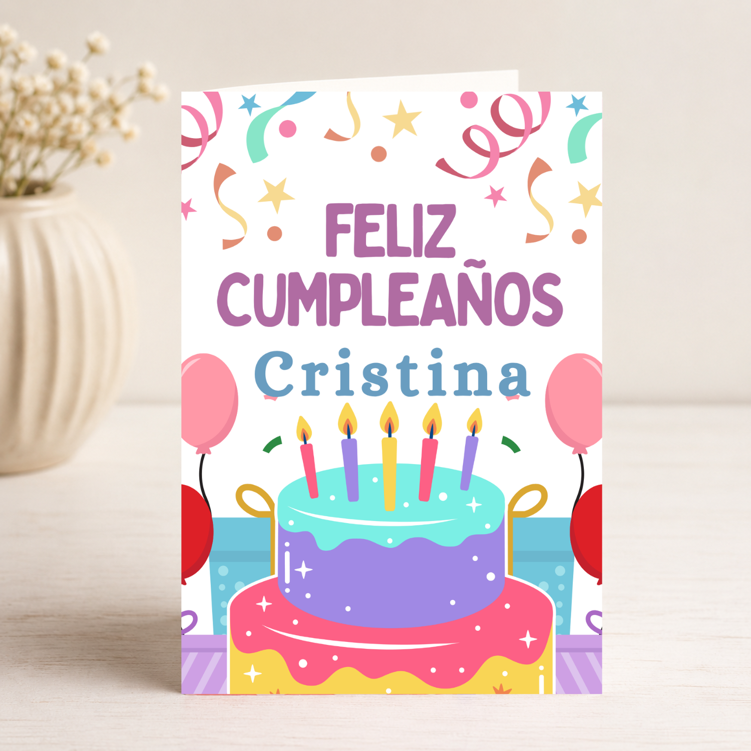 Tarjeta Musical Imprimible de Cumpleaños "Cristina" + Sorpresa Interactiva QR (Edición Midnight Party & Balloons)