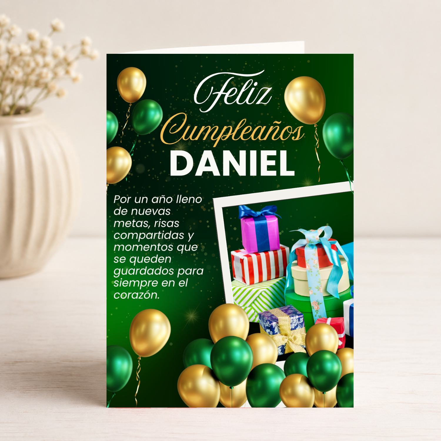 Tarjeta Musical Imprimible de Cumpleaños "Daniel" + Sorpresa Interactiva QR (Edición Emerald & Gold Corporate)