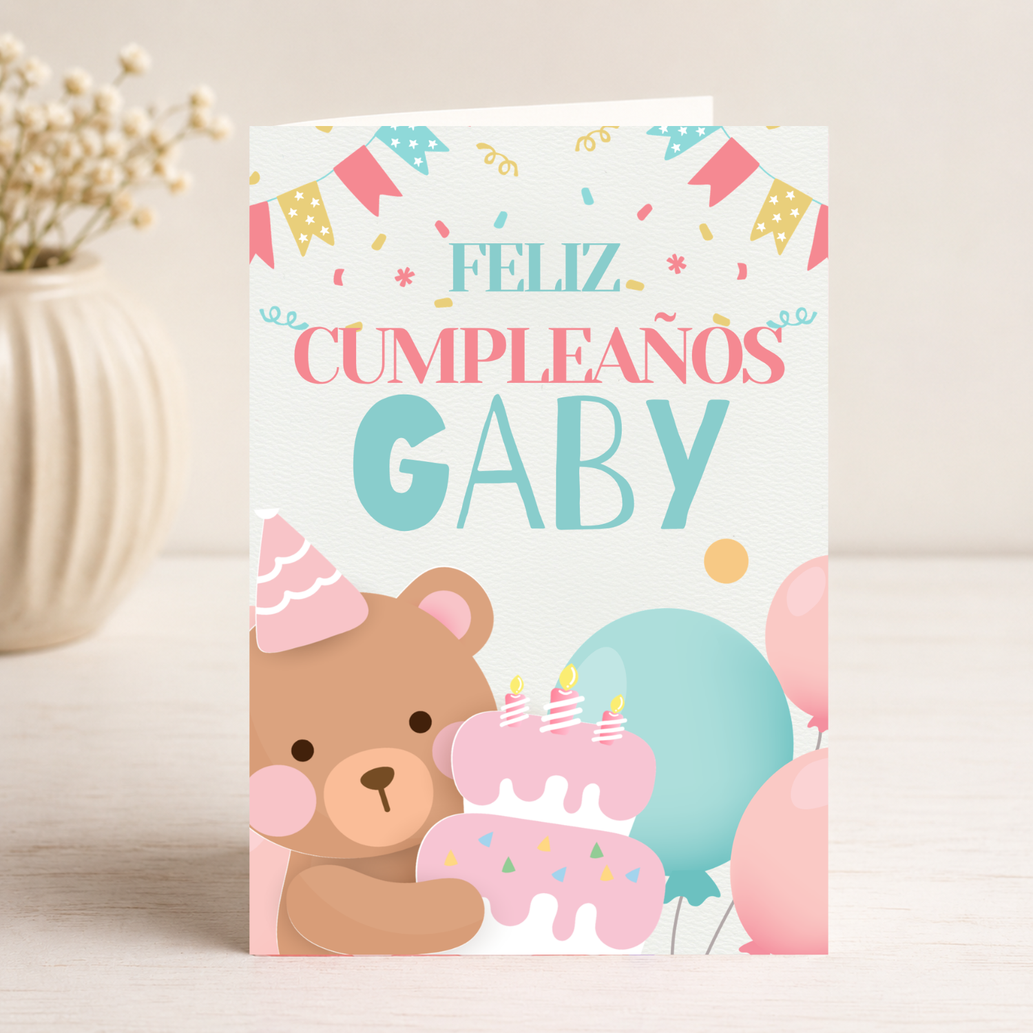 Tarjeta Musical Imprimible de Cumpleaños "Gaby" + Sorpresa Interactiva QR (Edición Acuarela Botánica & Oro)