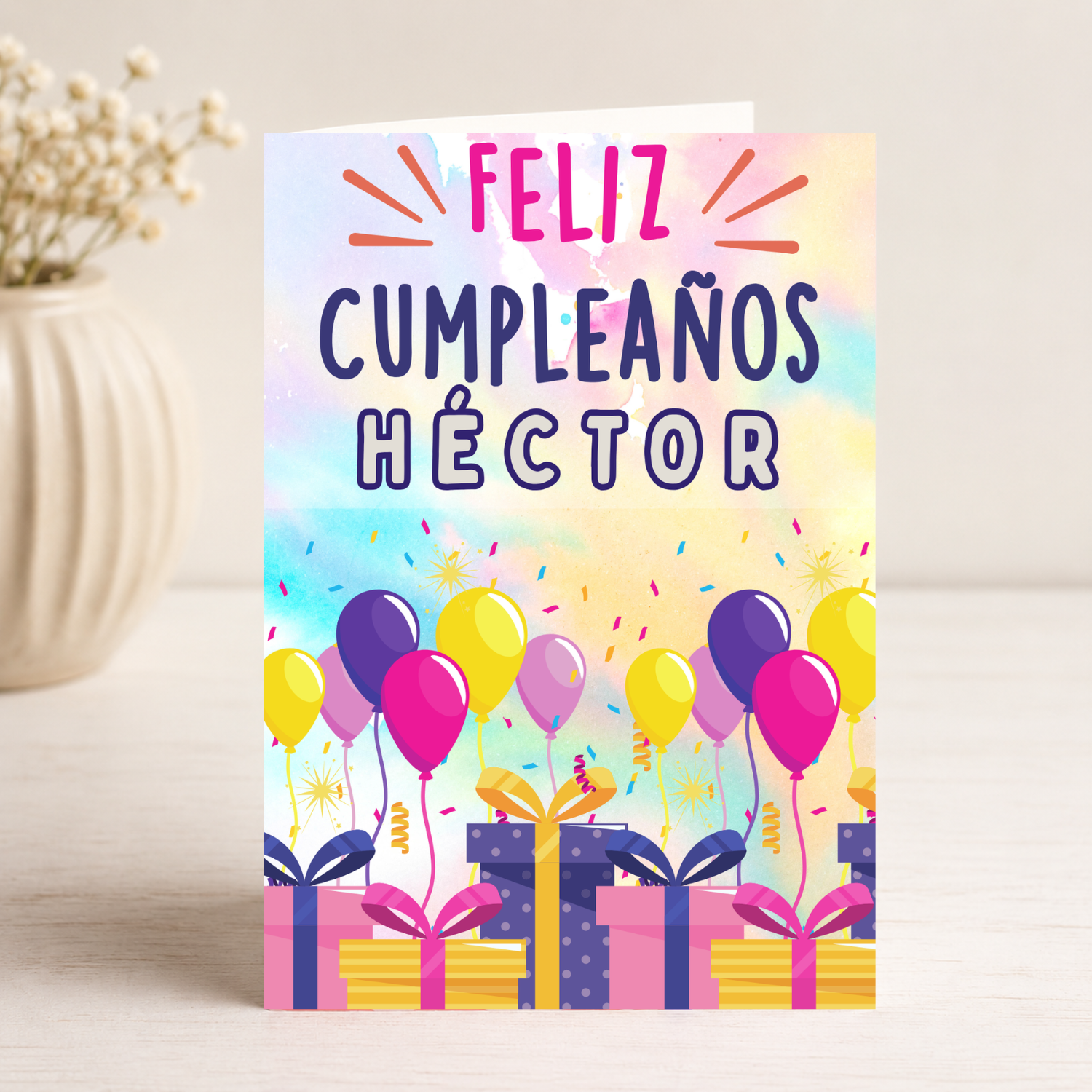 Tarjeta Musical Imprimible de Cumpleaños "Héctor" + Sorpresa Interactiva QR (Edición Pastel Watercolor & Birthday Balloons)