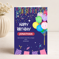 $1 / Tarjeta Musical Imprimible de Cumpleaños "Jonathan" + Sorpresa Interactiva QR (Edición Midnight Party & Balloons)