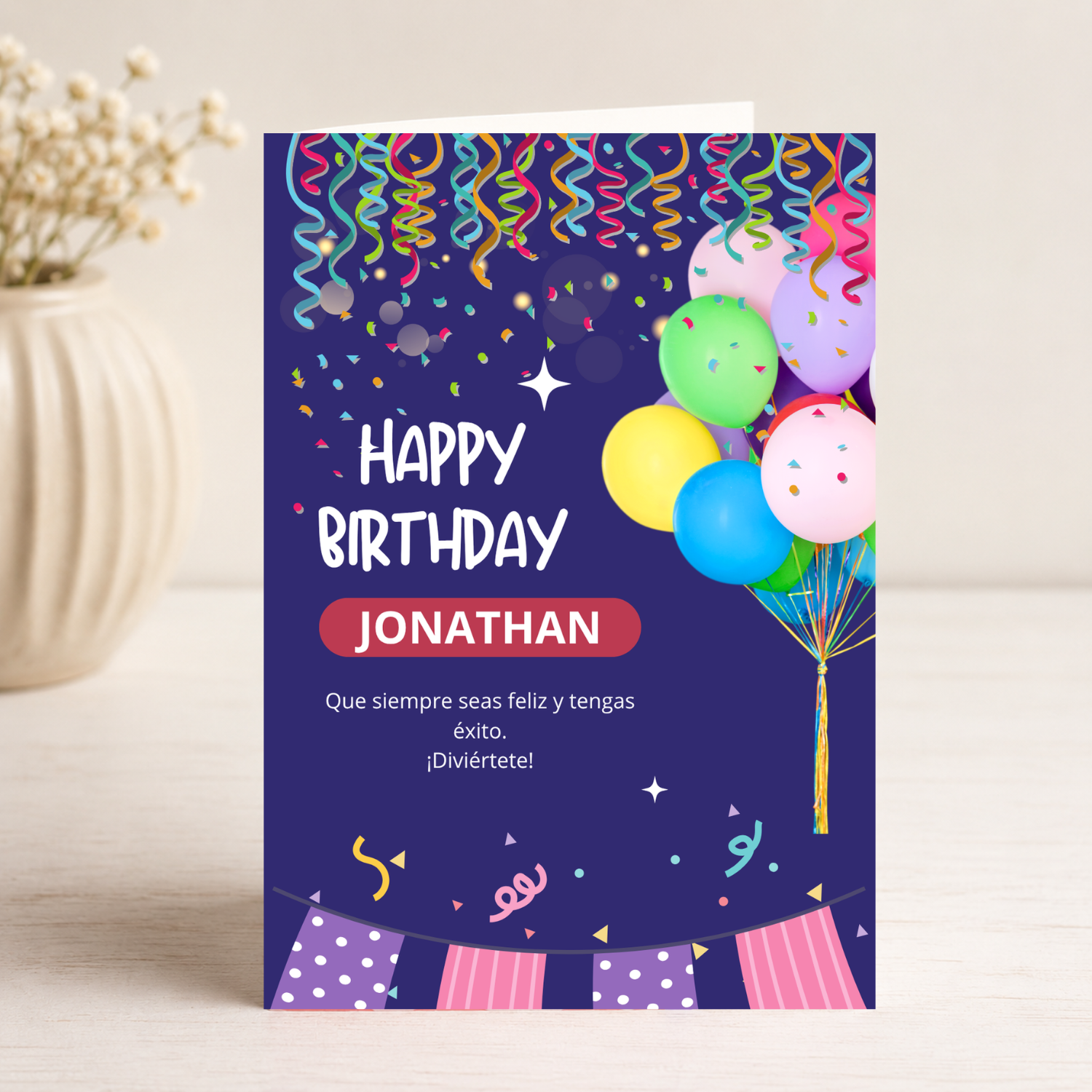 Tarjeta Musical Imprimible de Cumpleaños "Jonathan" + Sorpresa Interactiva QR (Edición Midnight Party & Balloons)