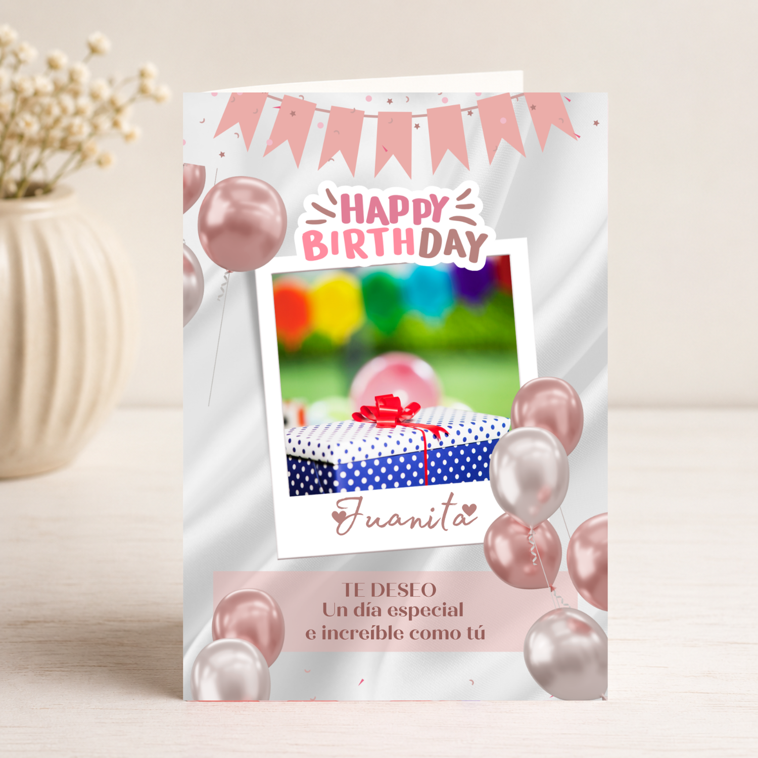 Tarjeta Musical Imprimible de Cumpleaños "Juanita" + Sorpresa Interactiva QR (Edición Rose Gold Polaroid & Satin)