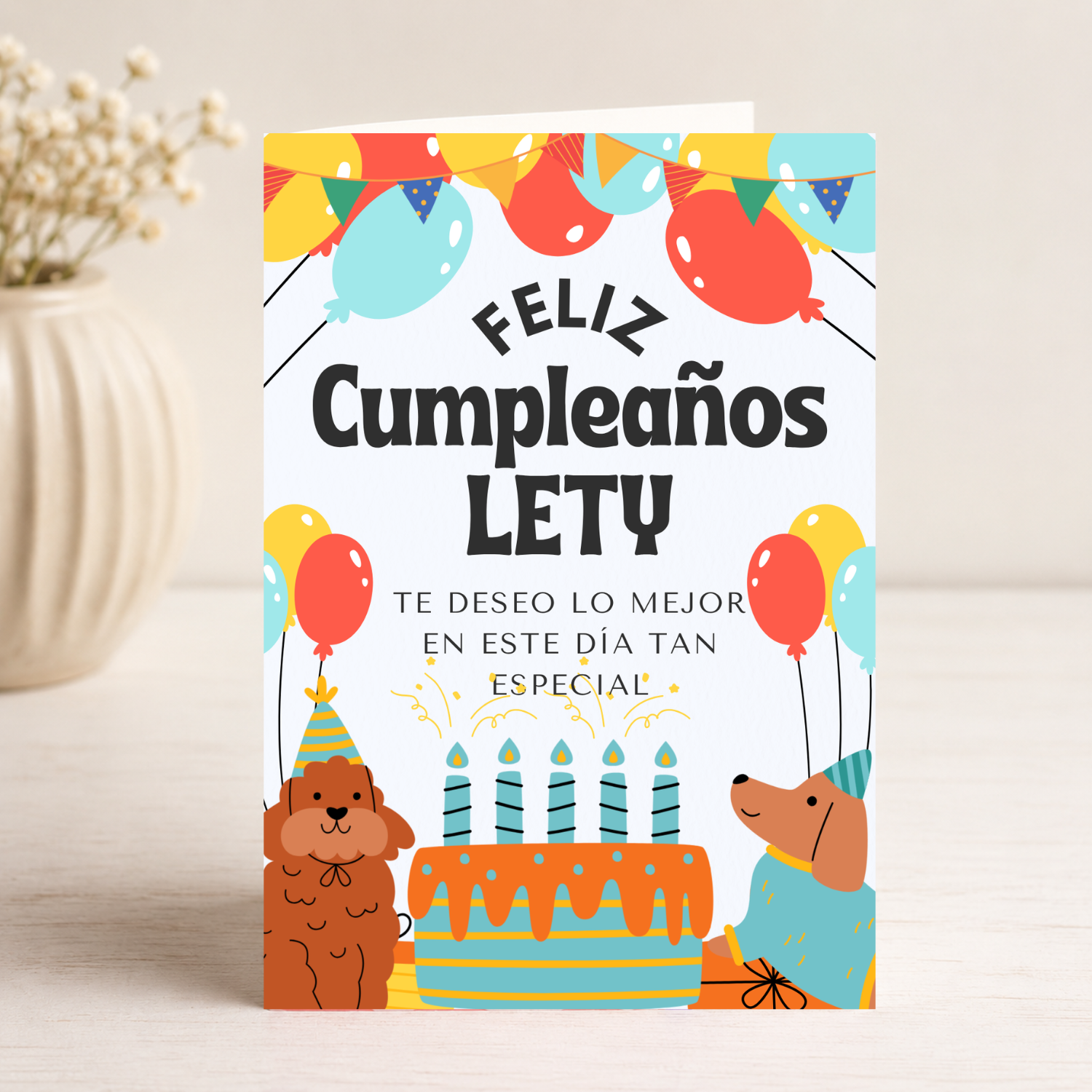 Tarjeta Musical Imprimible de Cumpleaños "Lety" + Sorpresa Interactiva QR (Edición Perritos Festivos)