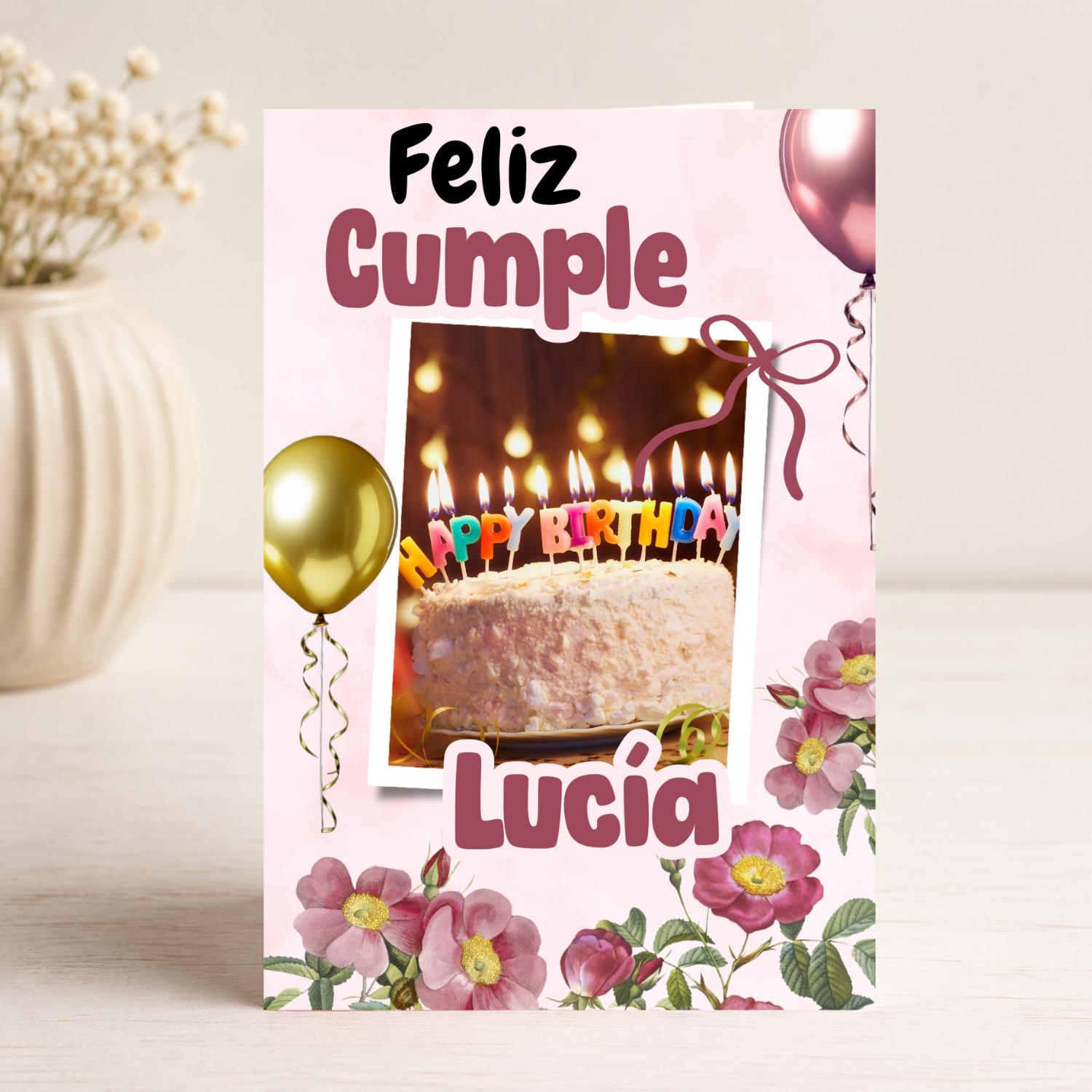 Tarjeta Musical Imprimible de Cumpleaños "Lucía" + Sorpresa Interactiva QR (Edición Polaroid Floral & Gold)
