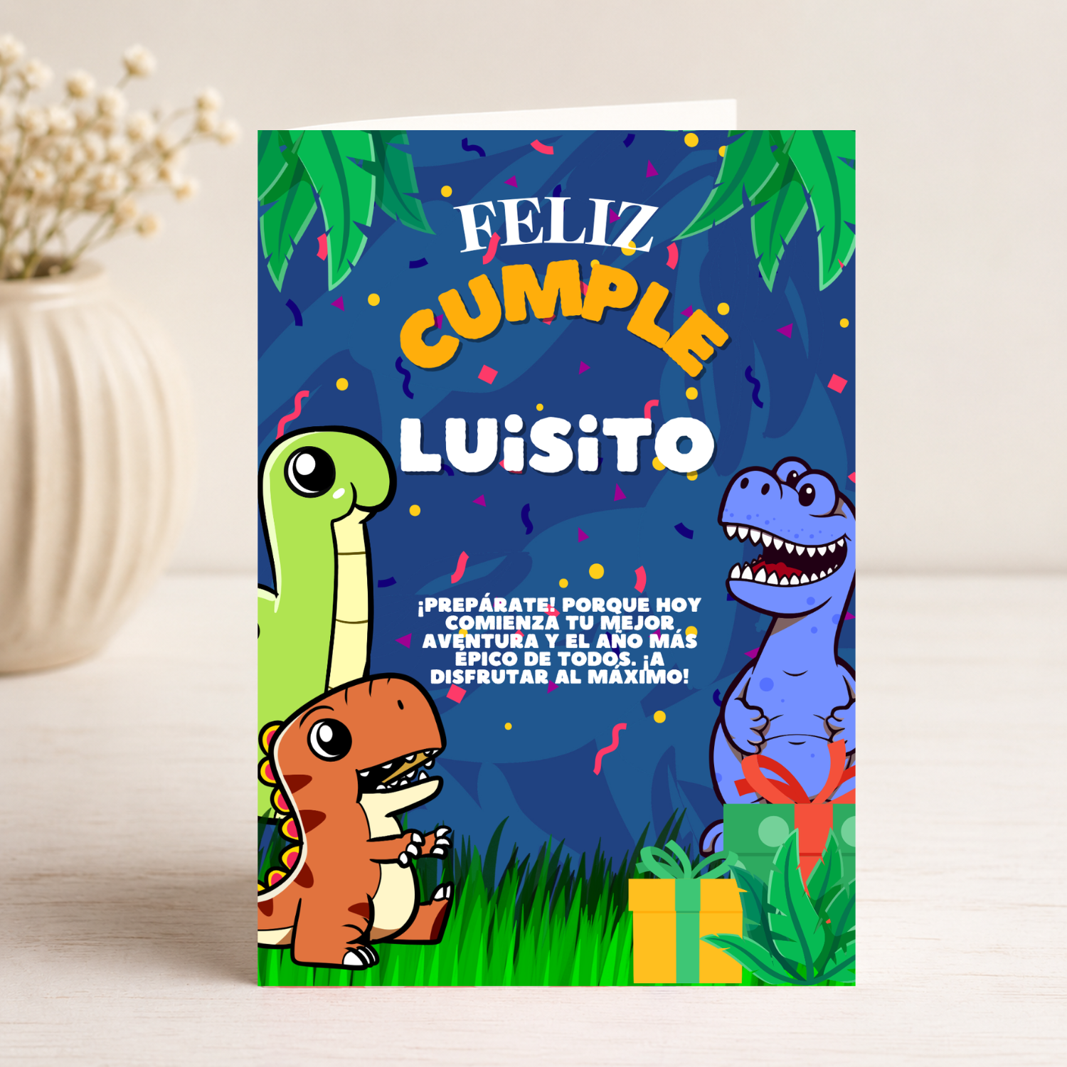 Tarjeta Musical Imprimible de Cumpleaños "Luisito" + Regalo Interactivo QR (Edición Dino Aventura)