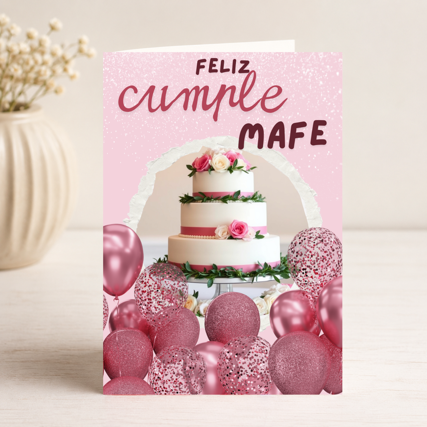Tarjeta Musical Imprimible de Cumpleaños "Mafe" + Sorpresa Interactiva QR (Edición Glam Rose Gold Glitter)