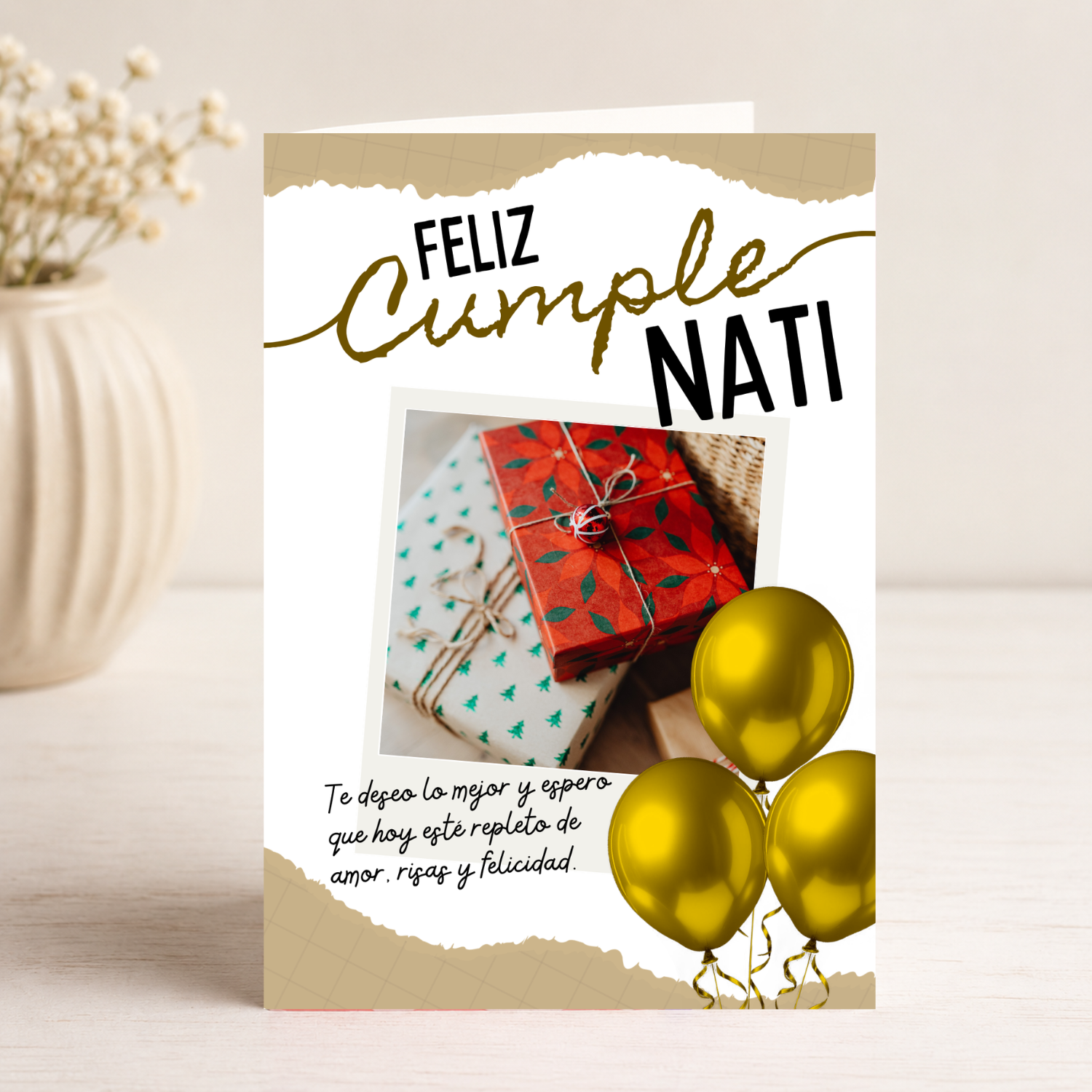 Tarjeta Musical Imprimible de Cumpleaños "Nati" + Sorpresa Interactiva QR (Edición Kraft & Gold)