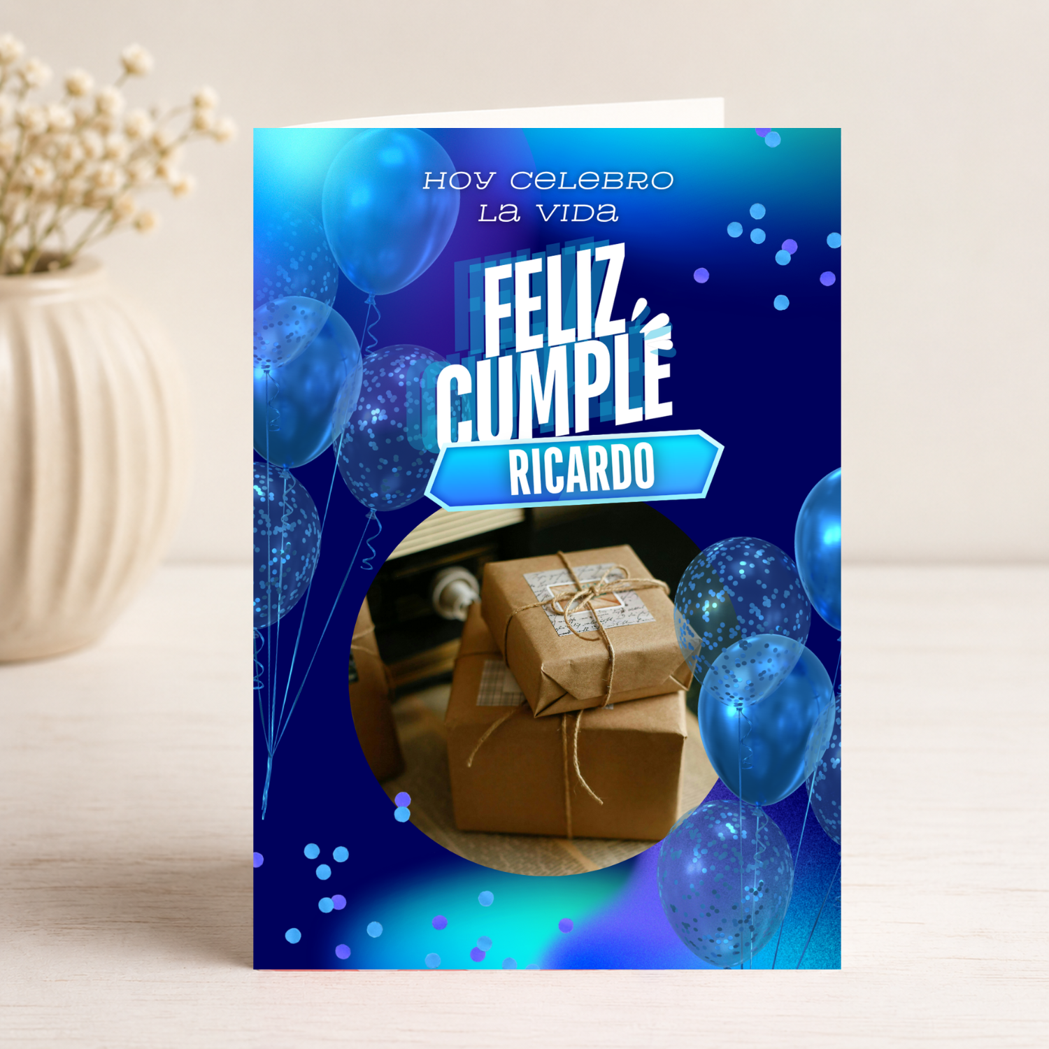 Tarjeta Musical Imprimible de Cumpleaños "Ricardo" + Sorpresa Interactiva QR (Edición Blue Neon & Balloons)