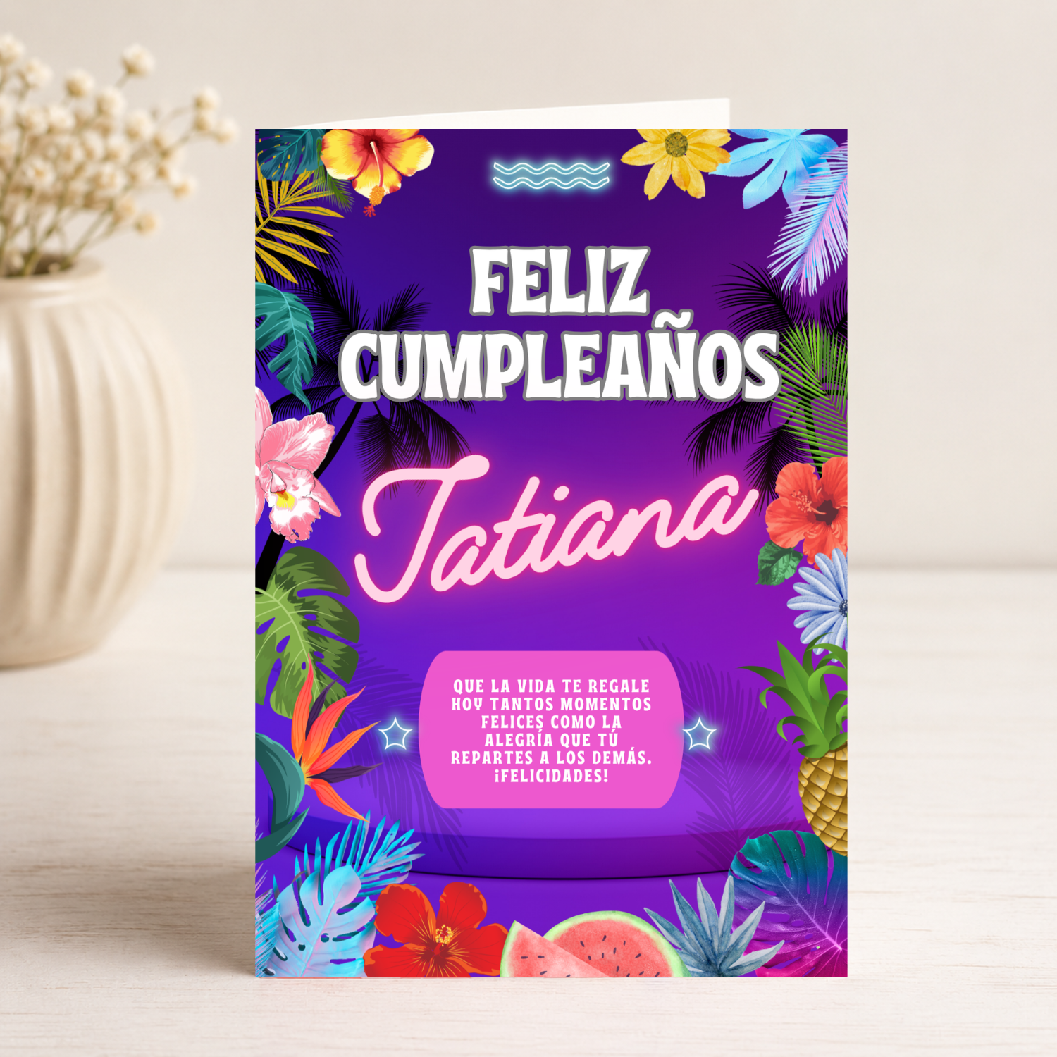 Tarjeta Musical Imprimible de Cumpleaños "Tatiana" + Sorpresa Interactiva QR (Edición Neón Tropical Paradise)