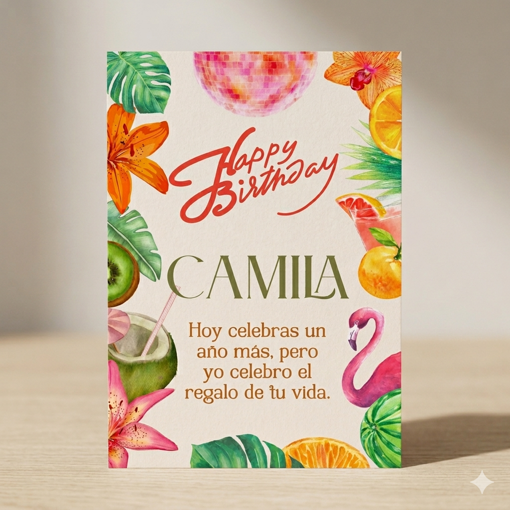 Tarjeta Musical Imprimible de Cumpleaños "Camila" + Regalo Interactivo QR (Edición Tropical Fiesta)