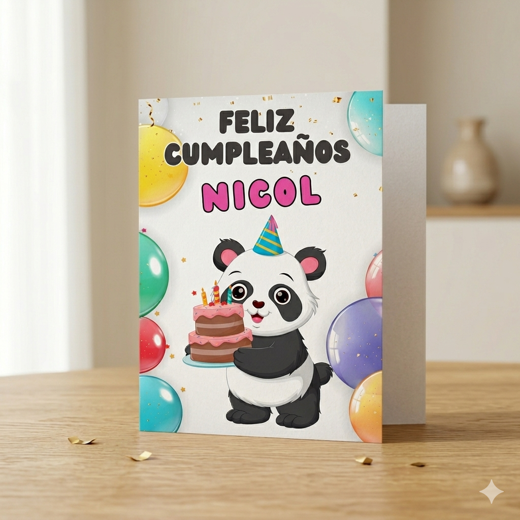 Tarjeta Musical Imprimible de Cumpleaños "Nicol" + Regalo Interactivo QR (Edición Panda Festivo)