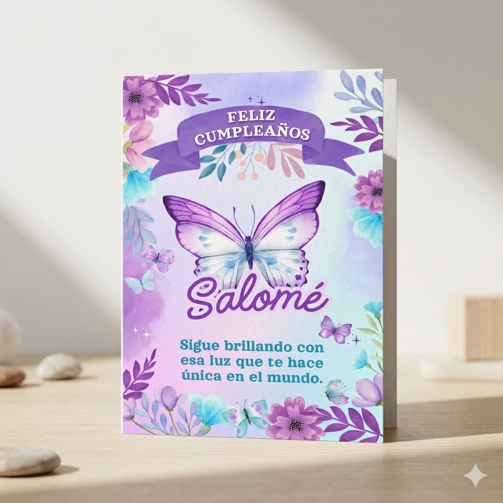 Tarjeta Musical Imprimible de Cumpleaños "Salomé" + Regalo Interactivo QR (Edición Mariposa Mágica)